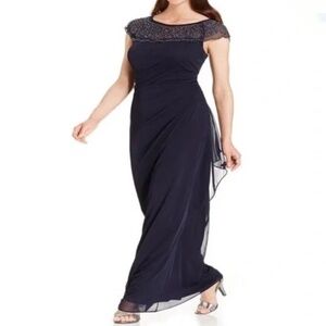 MSK navy beaded full length sleeveless formal dress Sz 14 ruching side ruffle